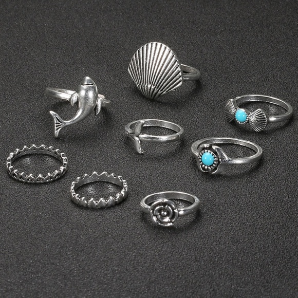 **EDWINA* 7-Pc Silver x Blue Shell Fashion Ring Set - Picture 1 of 7